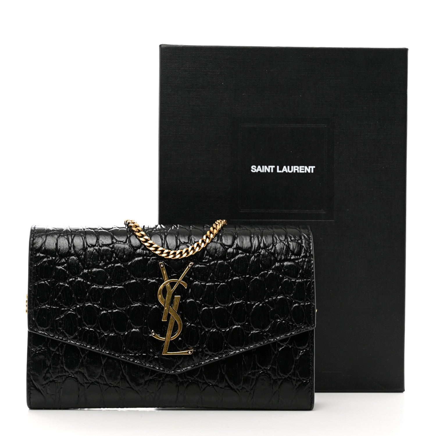Saint Laurent Calfskin Crocodile Embossed Monogram Uptown Chain Wallet Black 11 of 11