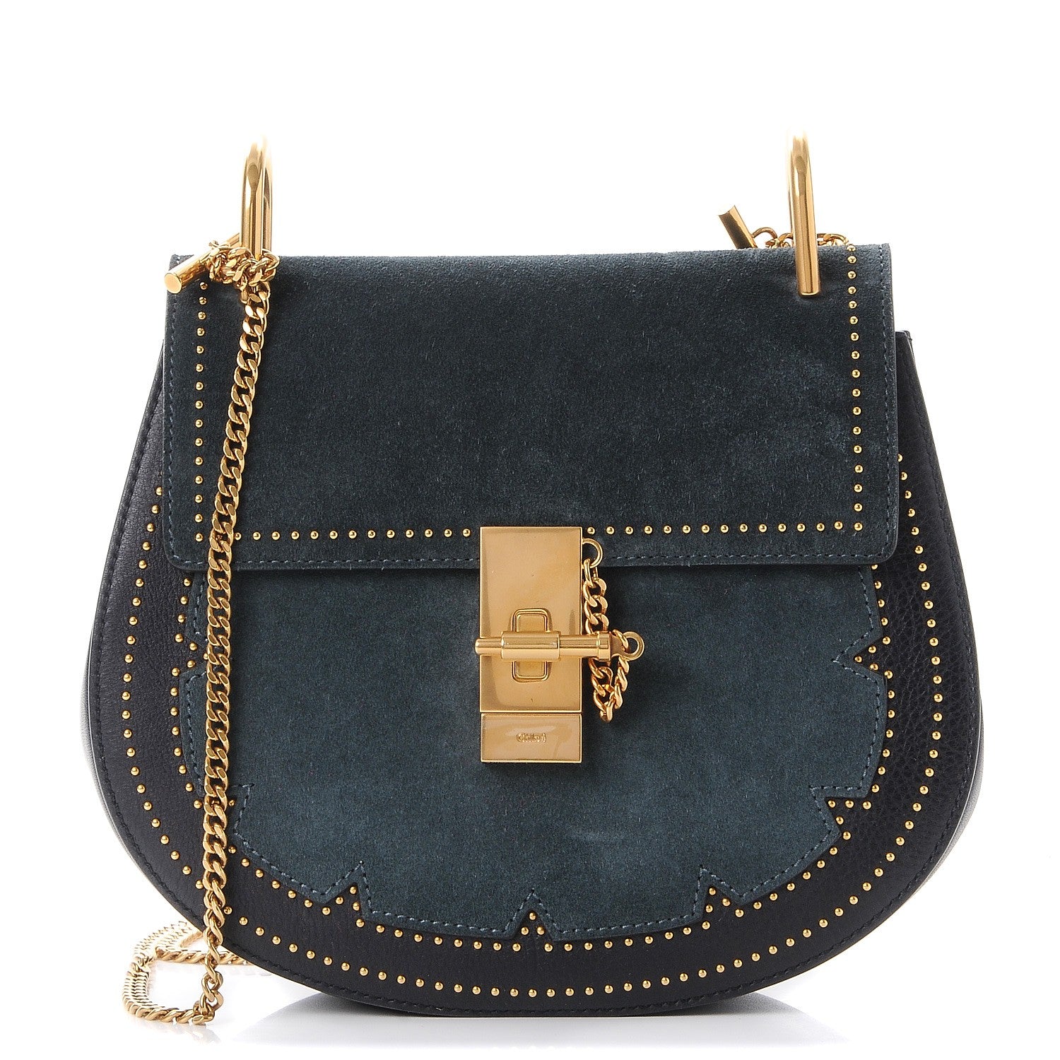 Chloe Suede Smooth Calfskin Studded Drew Shoulder Bag Full Blue 1 of 7