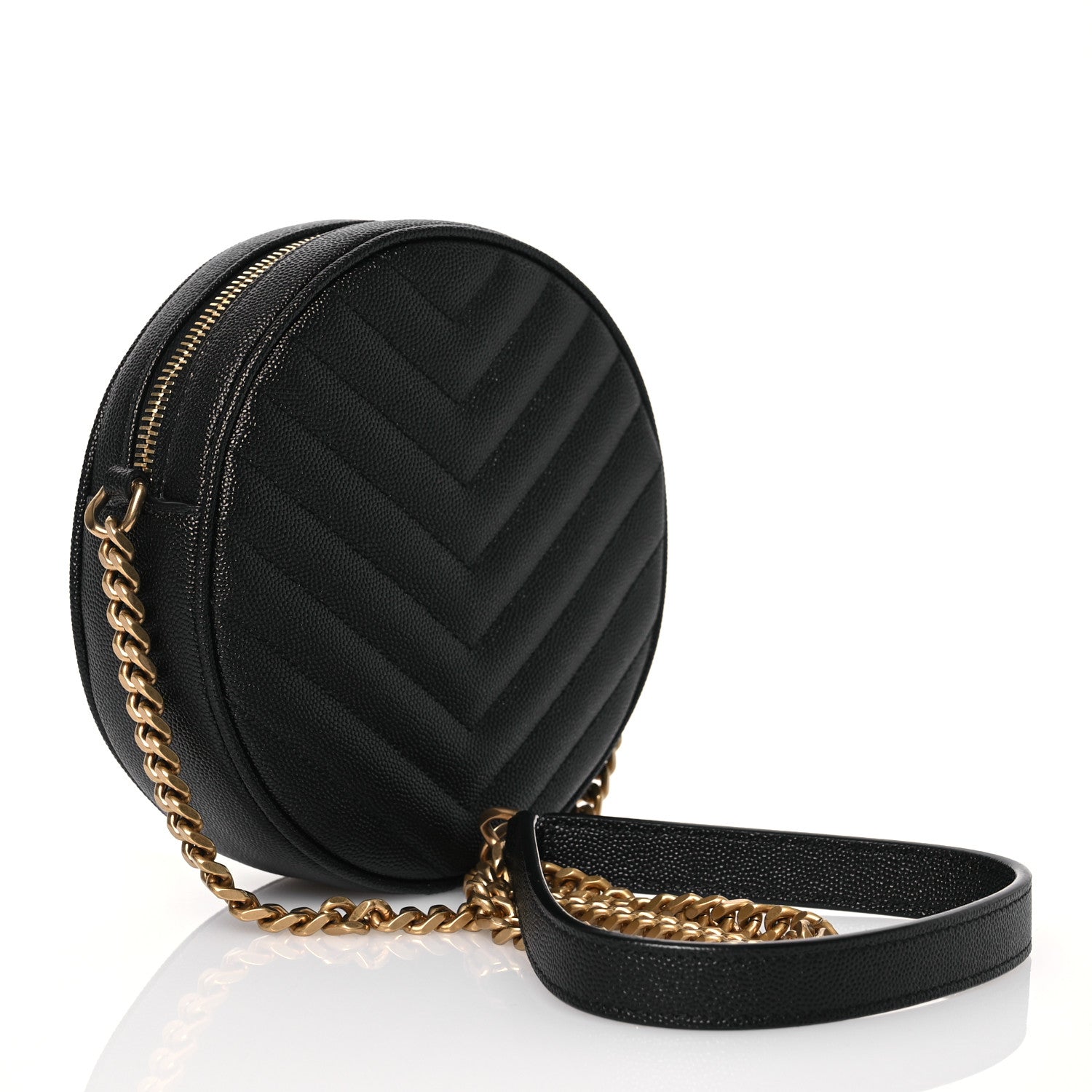 Saint Laurent Grain De Poudre Matelasse Chevron Quilted Round Vinyle Camera Bag Black 3 of 12
