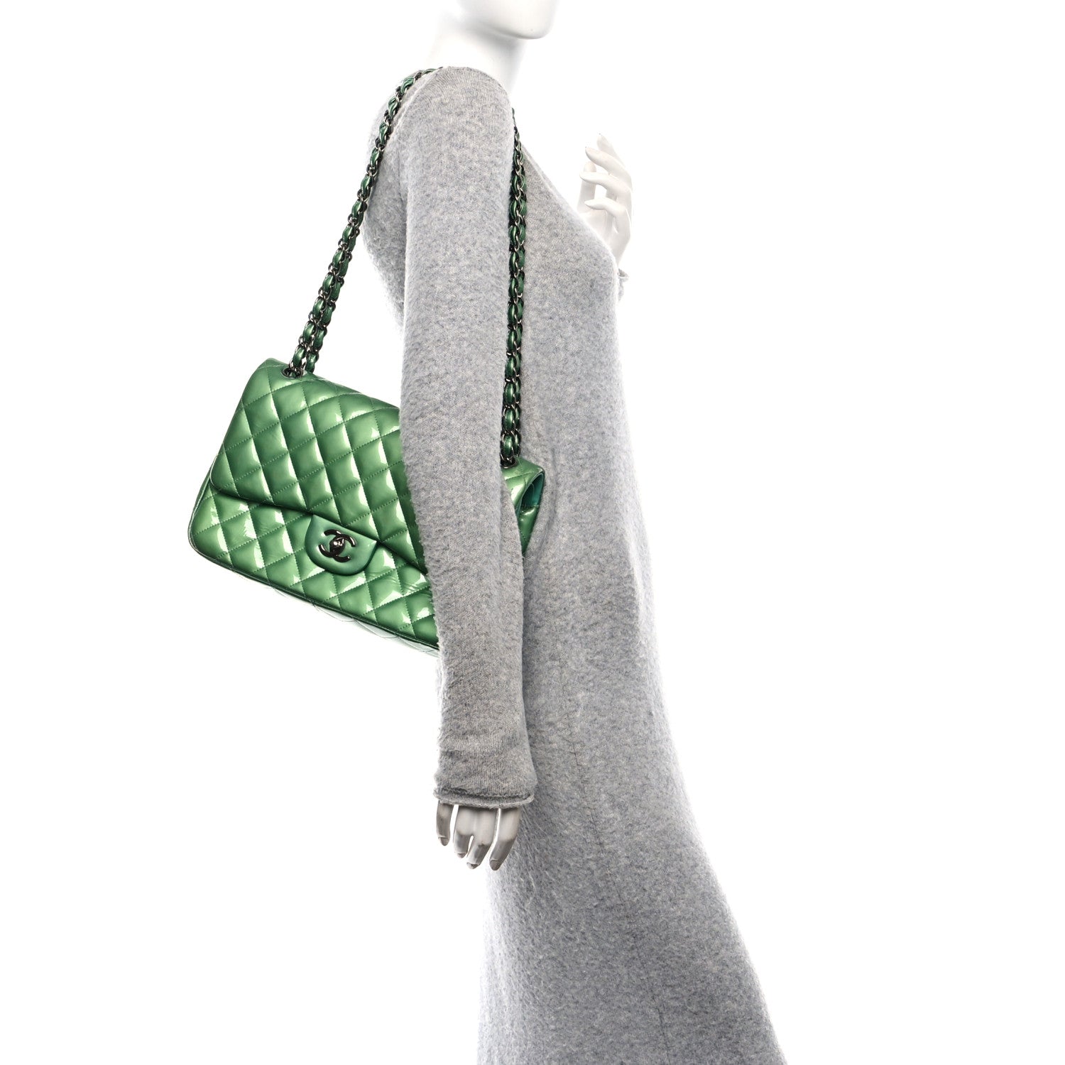 Chanel Patent Calfskin Quilted Jumbo Double Flap Green 2 of 11