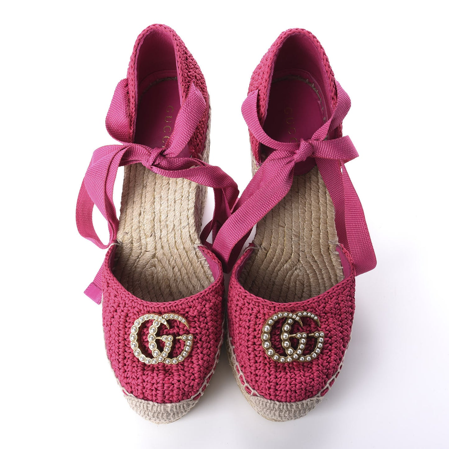 Cotton Crochet Pearly GG Ankle Wrap Platform Espadrille Wedges 36 Cyclamen Rose