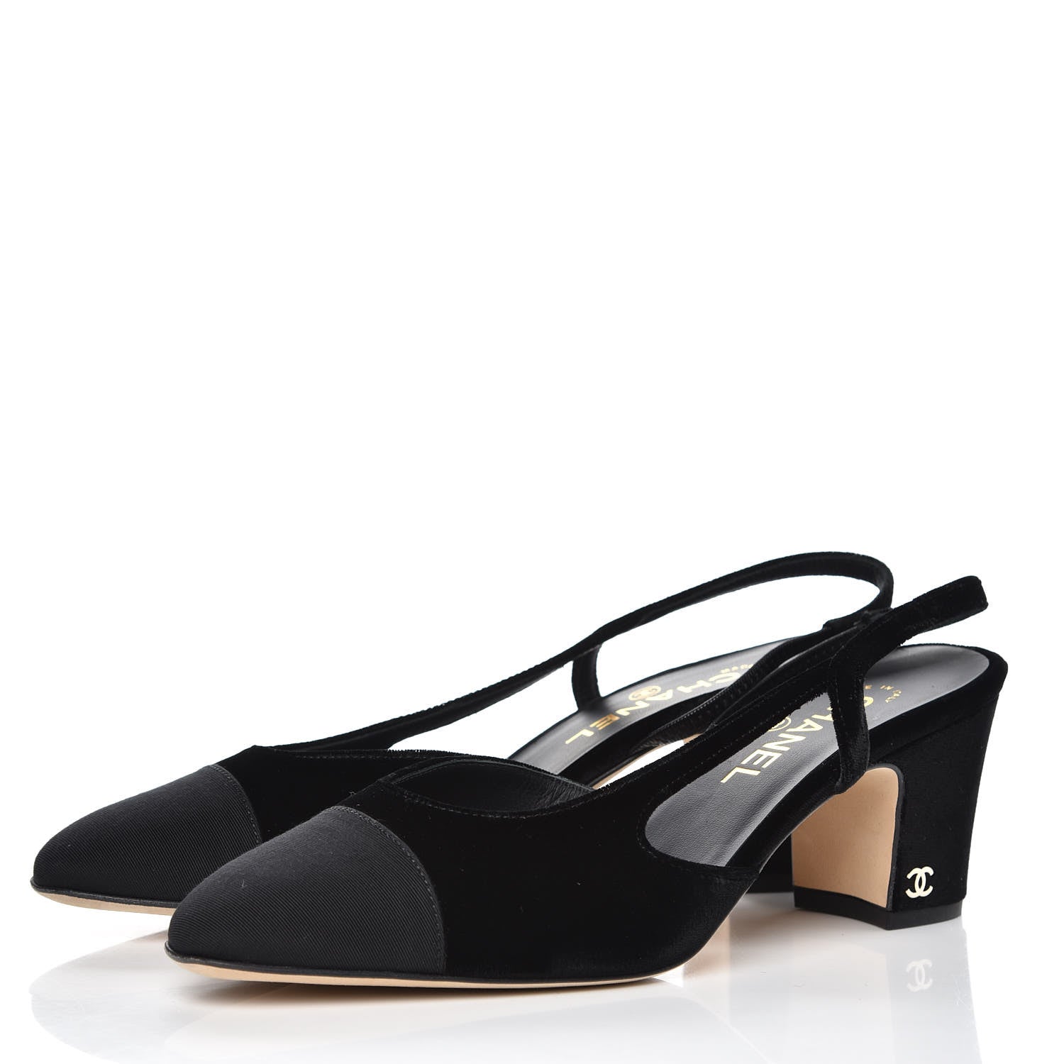 Chanel Velvet Grosgrain Cap Toe CC Slingback Pumps 39.5 Black 3 of 9