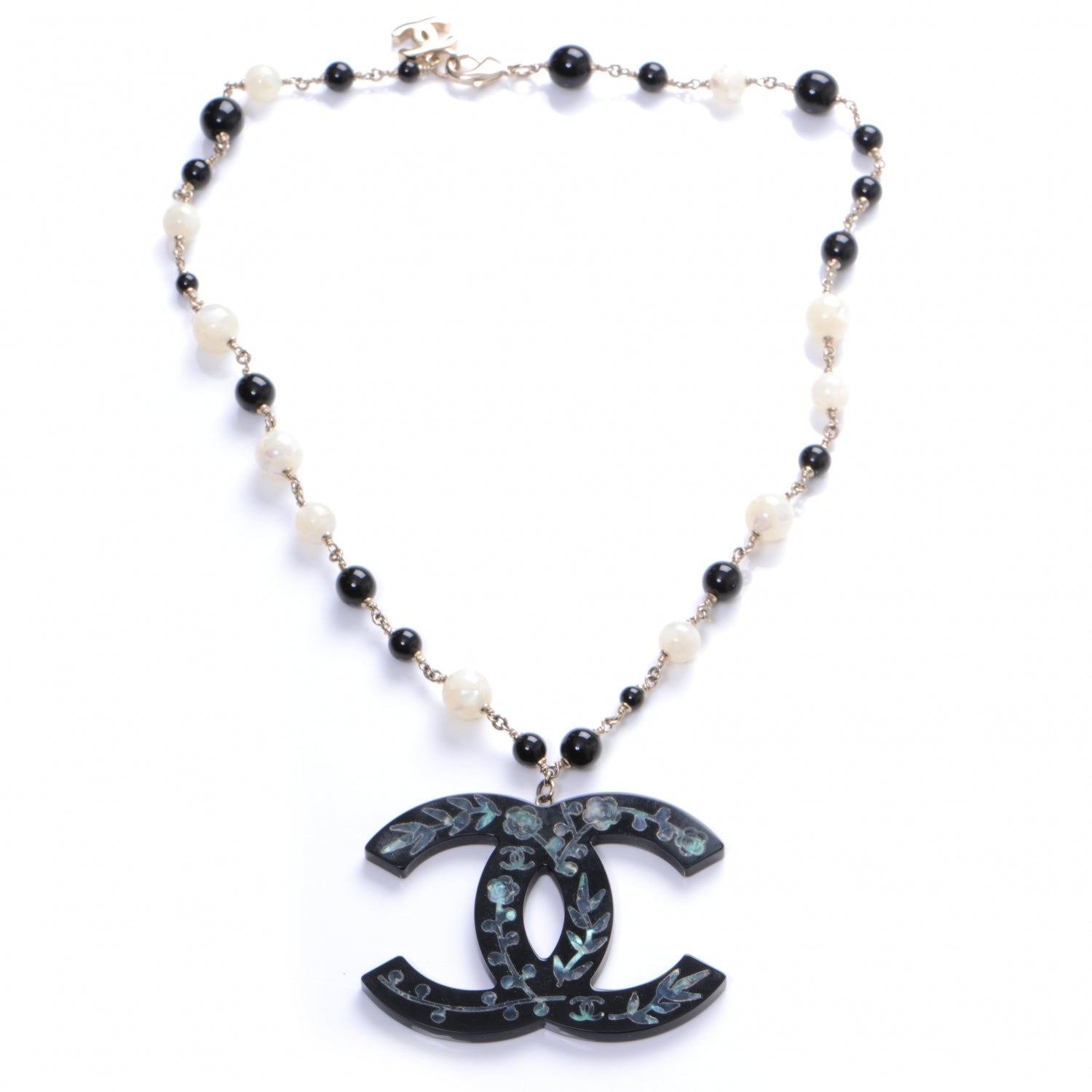 Chanel Beaded Mother of Pearl Oversized CC Necklace 3 of 4