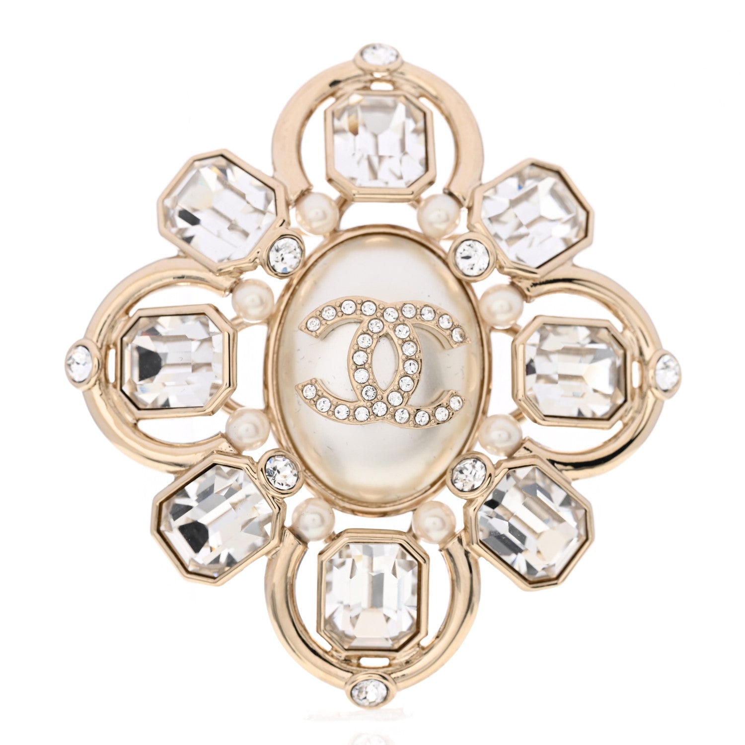 Chanel Pearl Crystal CC Brooch Pearly White Gold 1 of 5