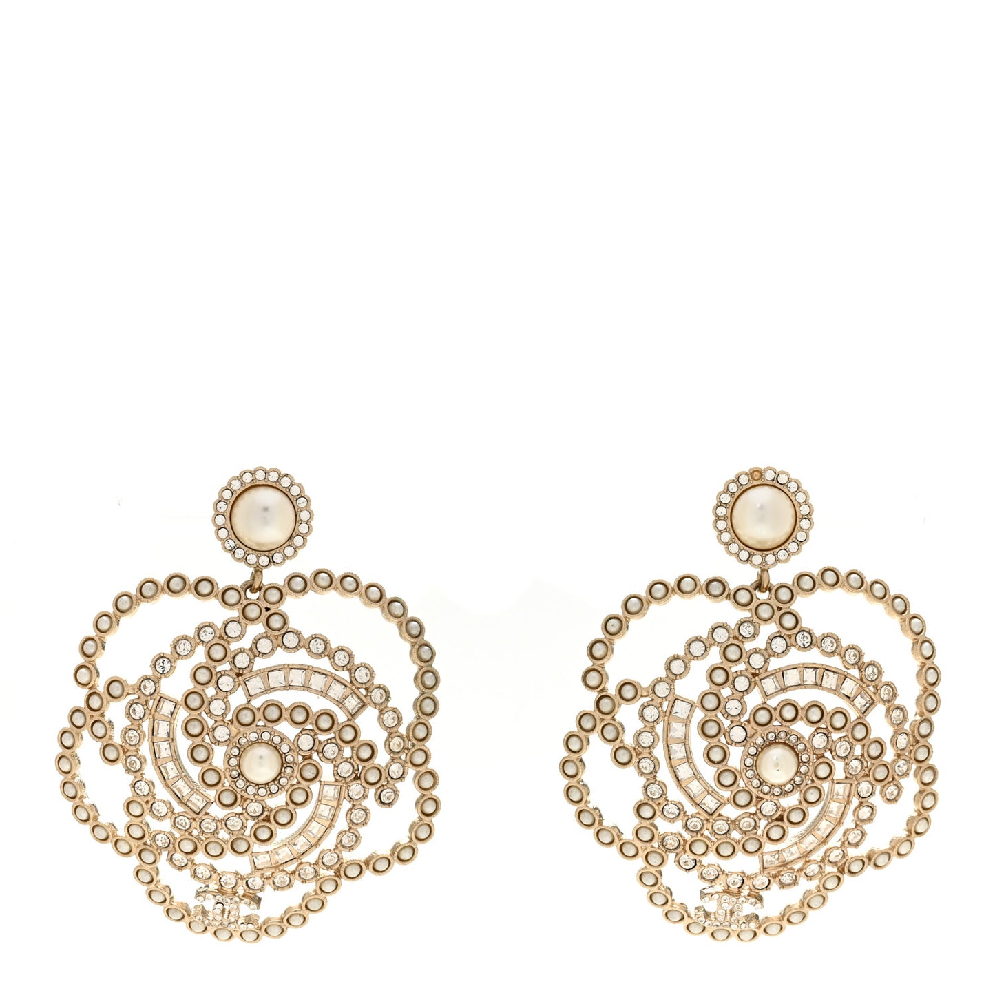 Pearl Crystal Lace Camellia Earrings Gold