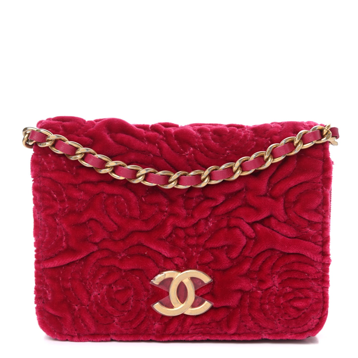 Velvet Quilted Camellia Velvet Flap Coin Purse With Chain Fuchsia