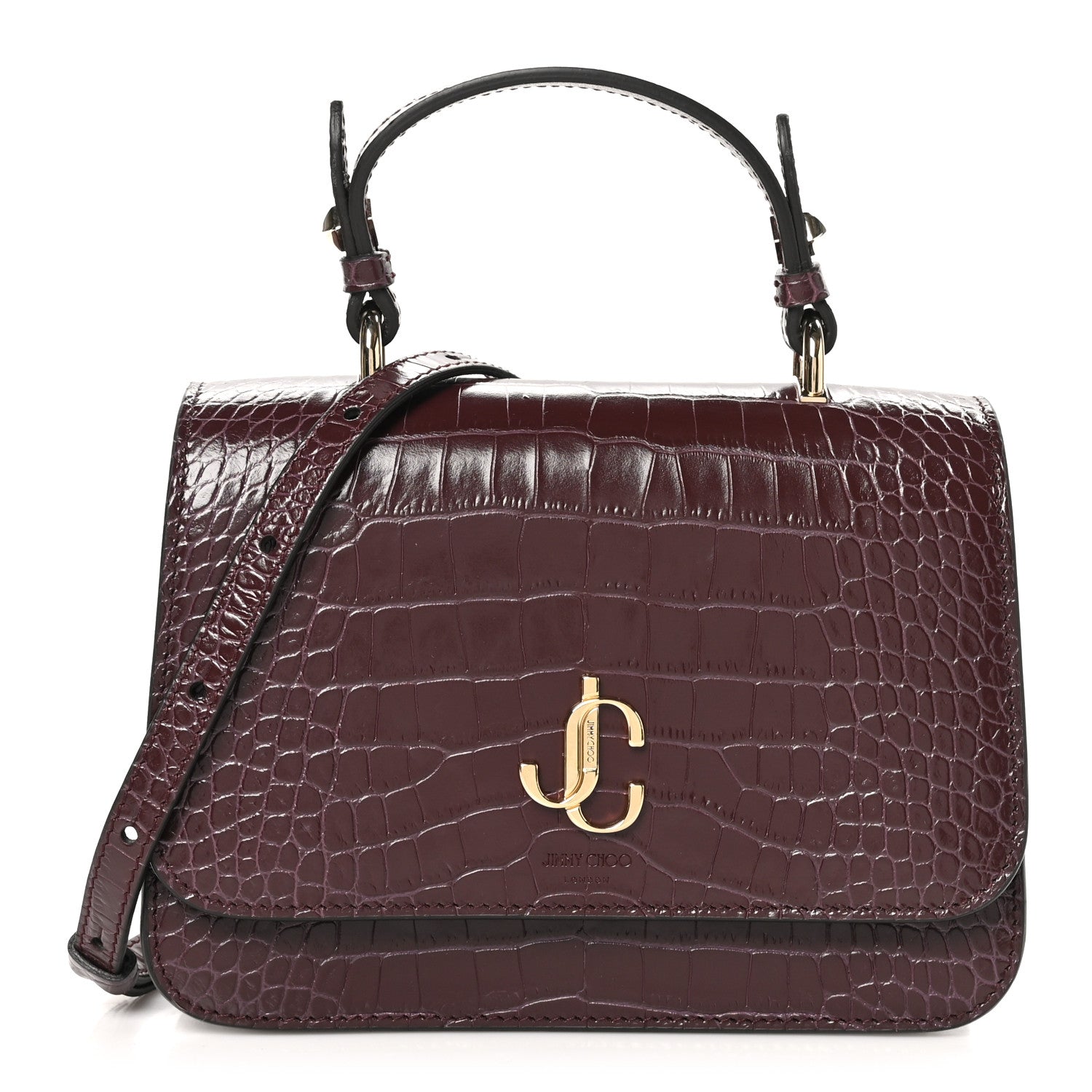 Jimmy Choo Calfskin Crocodile Embossed Medium JC Top Handle Bordeaux 1 of 8