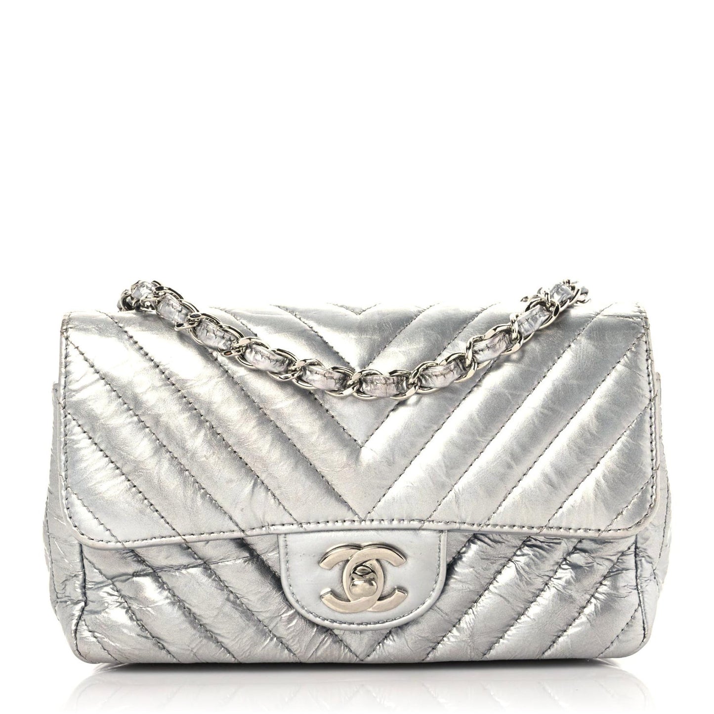 Patent Metallic Crumpled Calfskin Chevron Quilted Mini Rectangular Flap Silver