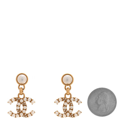 Chanel Pearl Crystal CC Drop Earrings Gold 2 of 6
