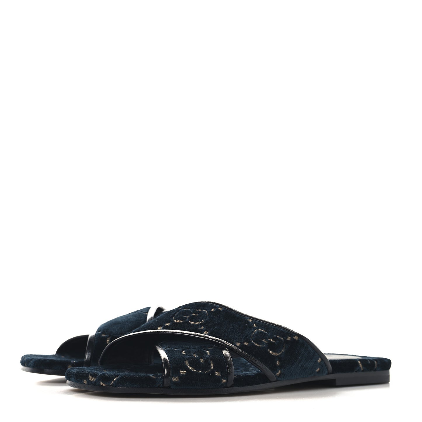 Velvet GG Monogram Womens Criss Cross Slide Sandals 36 Blue Beige Black