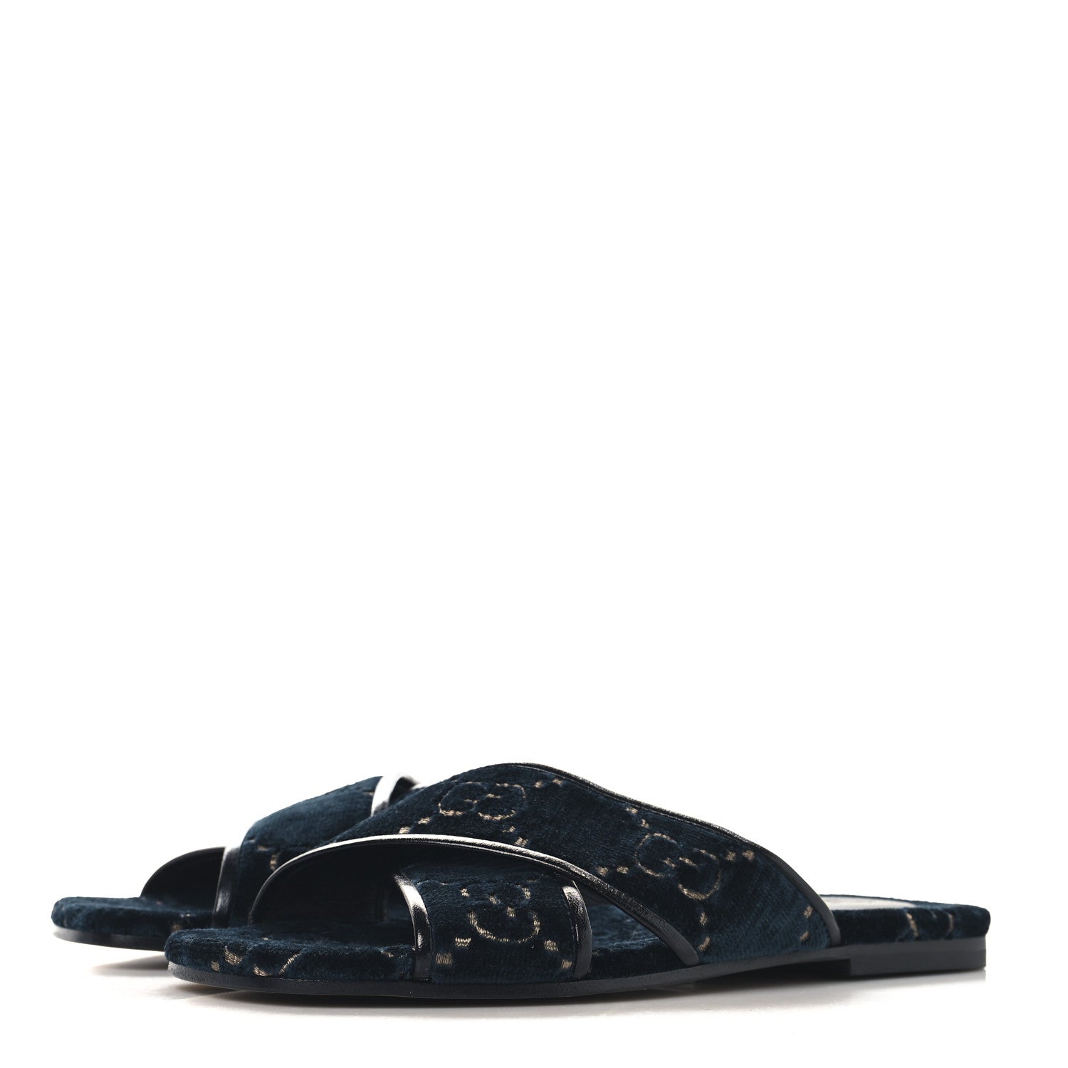 Gucci Velvet GG Monogram Womens Criss Cross Slide Sandals 36 Blue Beige Black 4 of 9