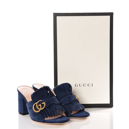 Gucci Kid Scamosciato GG Marmont Fringe 75mm Slide Sandals 37.5 Blue Ink 11 of 11
