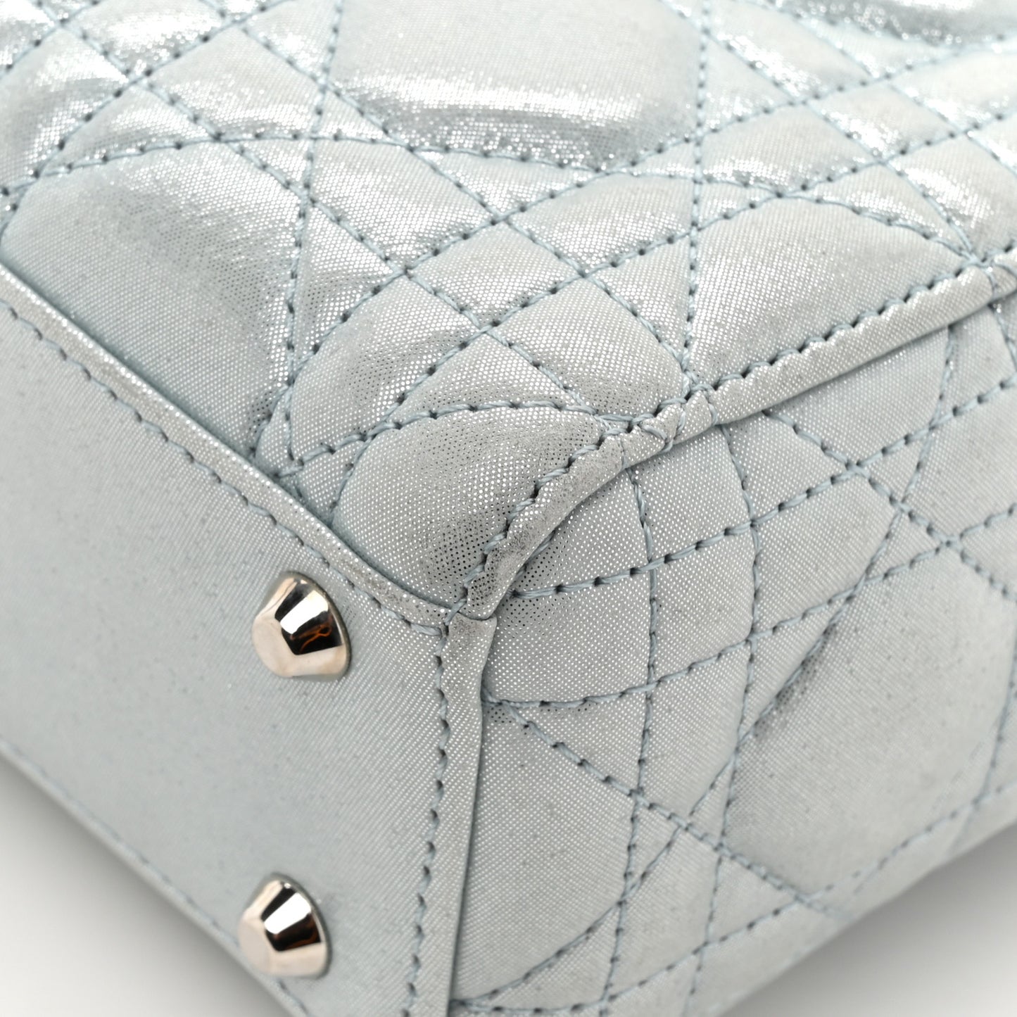 Metallic Lambskin Cannage Mini Lady Dior Light Blue