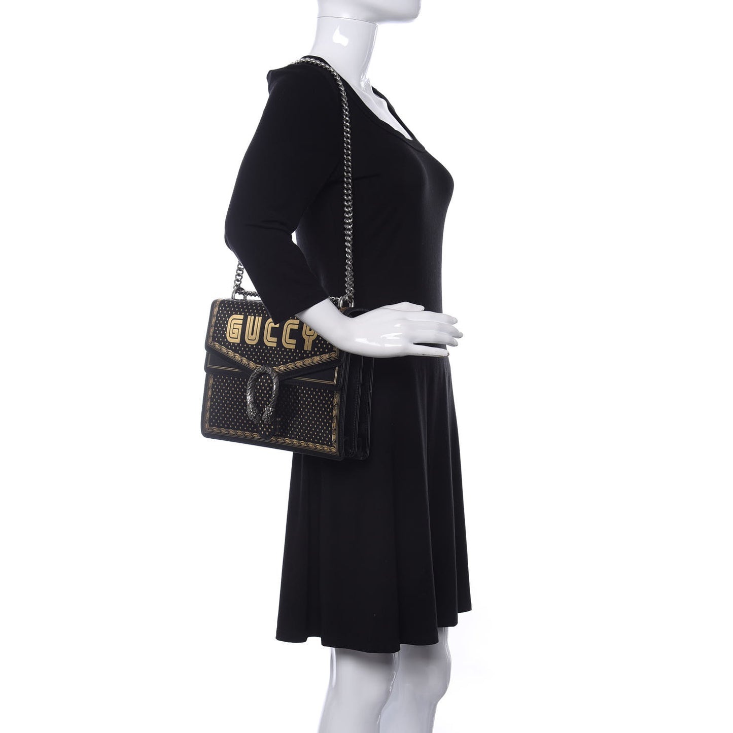 X SEGA Calfskin GUCCY Stars Medium Dionysus Shoulder Bag Black Gold