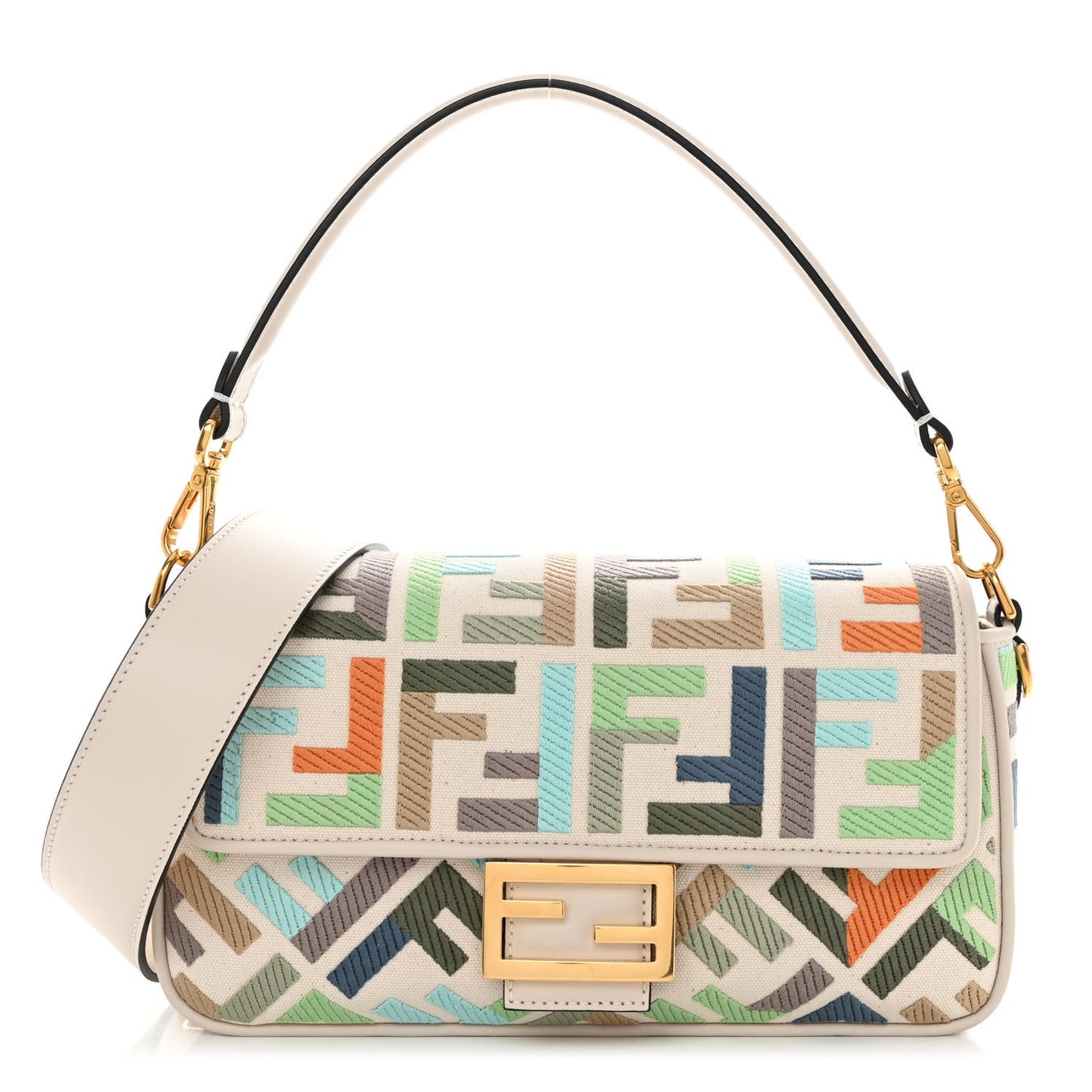 Canvas Vitello Seta FF Multicolor Embroidered Baguette Grezzo Multicolor Latte