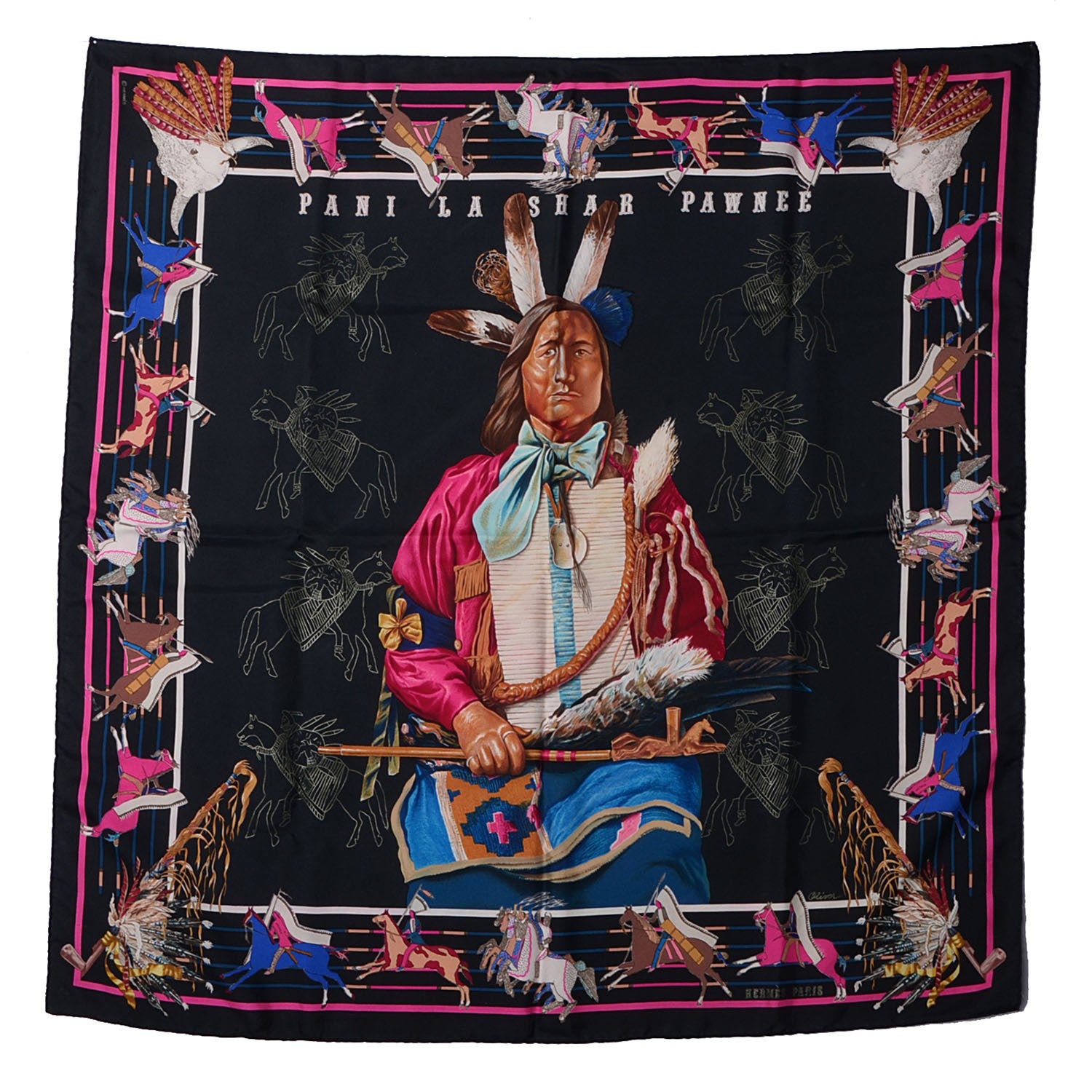 Hermes Silk Pani La Shar Pawnee Scarf 90 Noir Rose 2 of 4