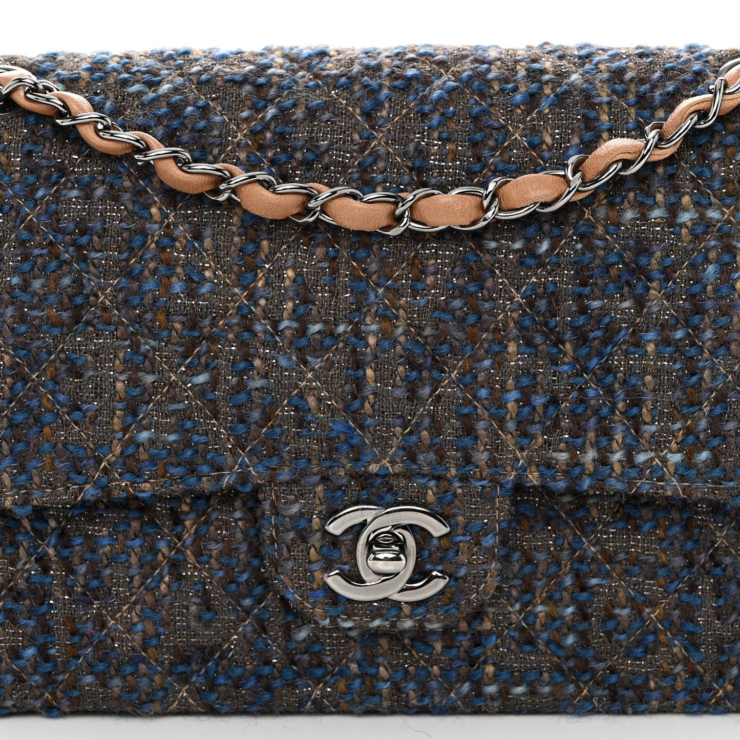 Tweed Quilted Medium Double Flap Brown Blue