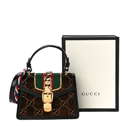 Gucci Velvet GG Monogram Web Mini Sylvie Top Handle Bag Brown Black Oro Vecchio 11 of 11