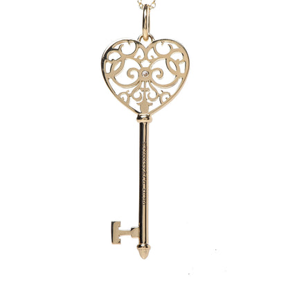 Tiffany 18K Yellow Gold Diamond Enchant Heart Key Pendant Necklace 4 of 7