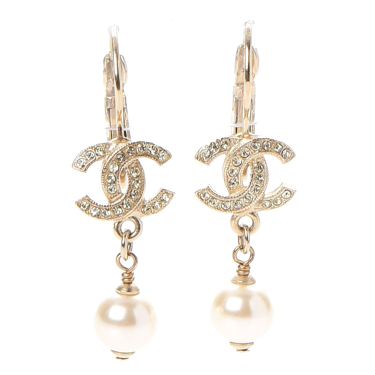 Crystal Pearl CC Drop Earrings Gold