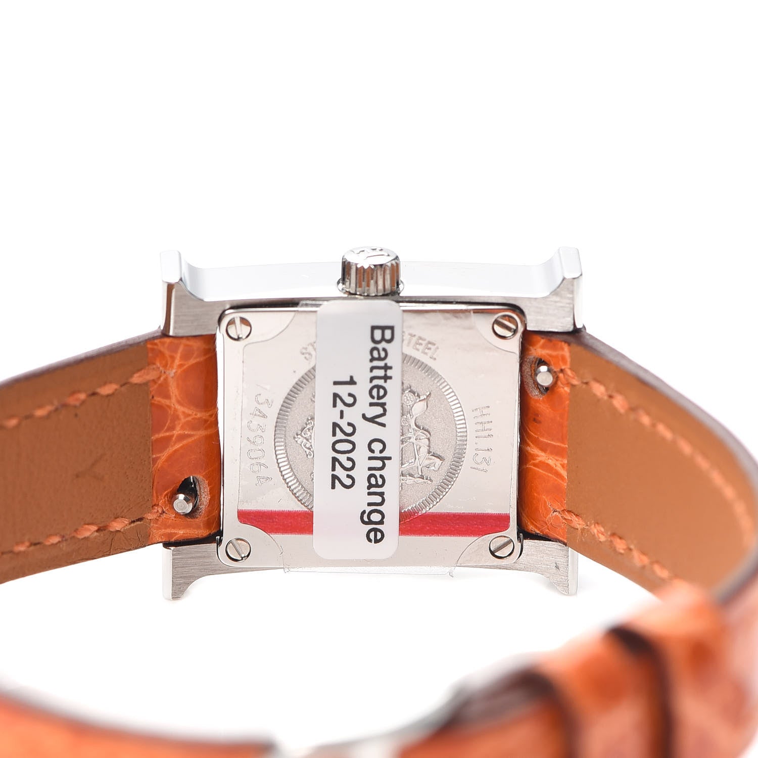 Hermes Stainless Steel Alligator Diamond Bezel Mother of Pearl 17.2mm Heure H Hour Quartz Watch Orange 4 of 5