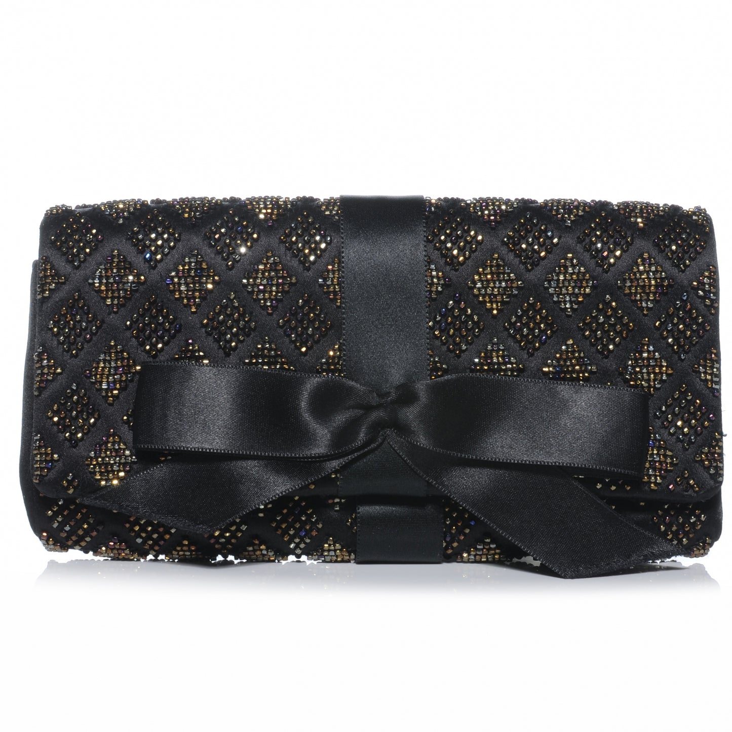 Satin Beaded Ribbon Bow Clutch Black
