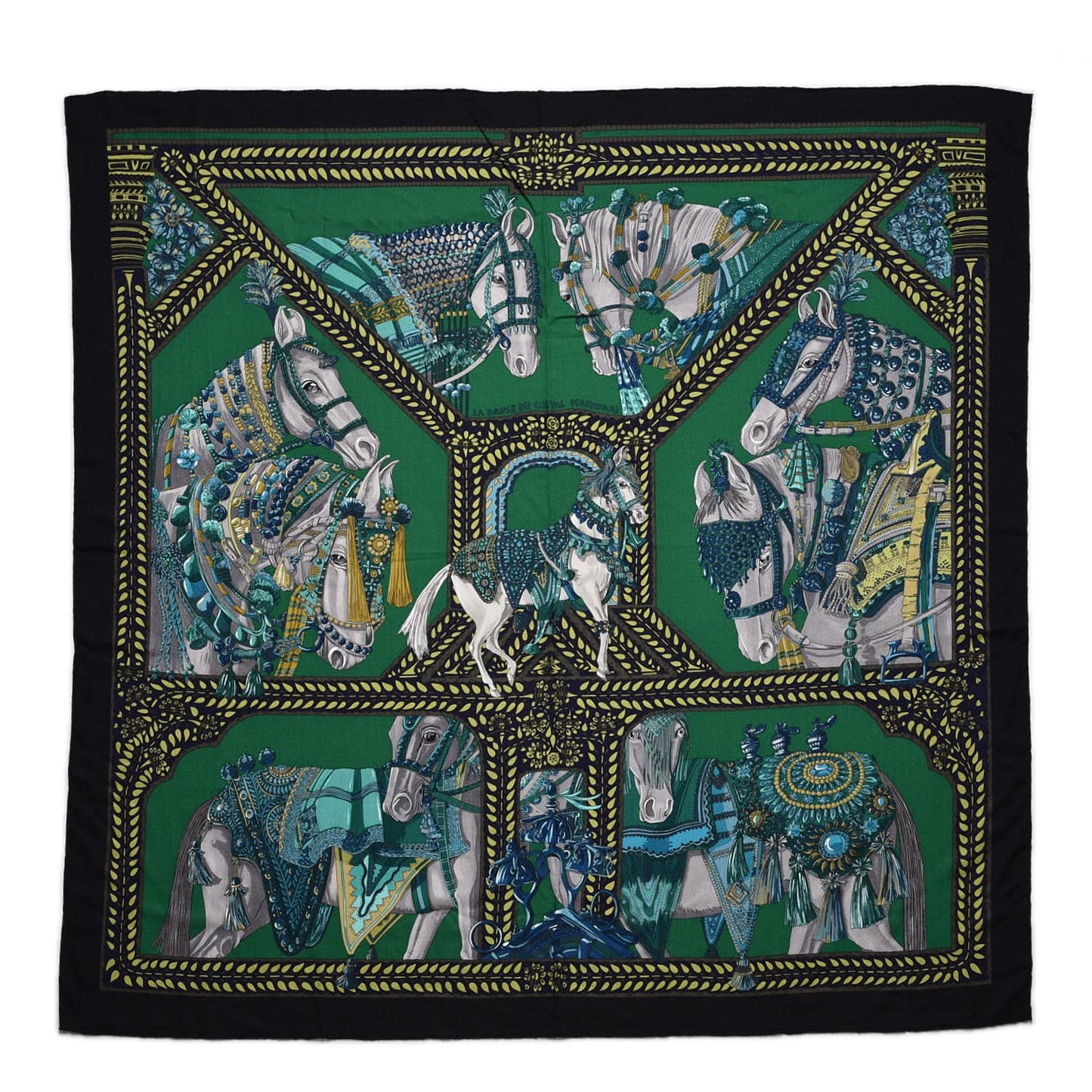 Cashmere Silk La Danse Du Cheval Shawl 140 Noir Vert Turquoise