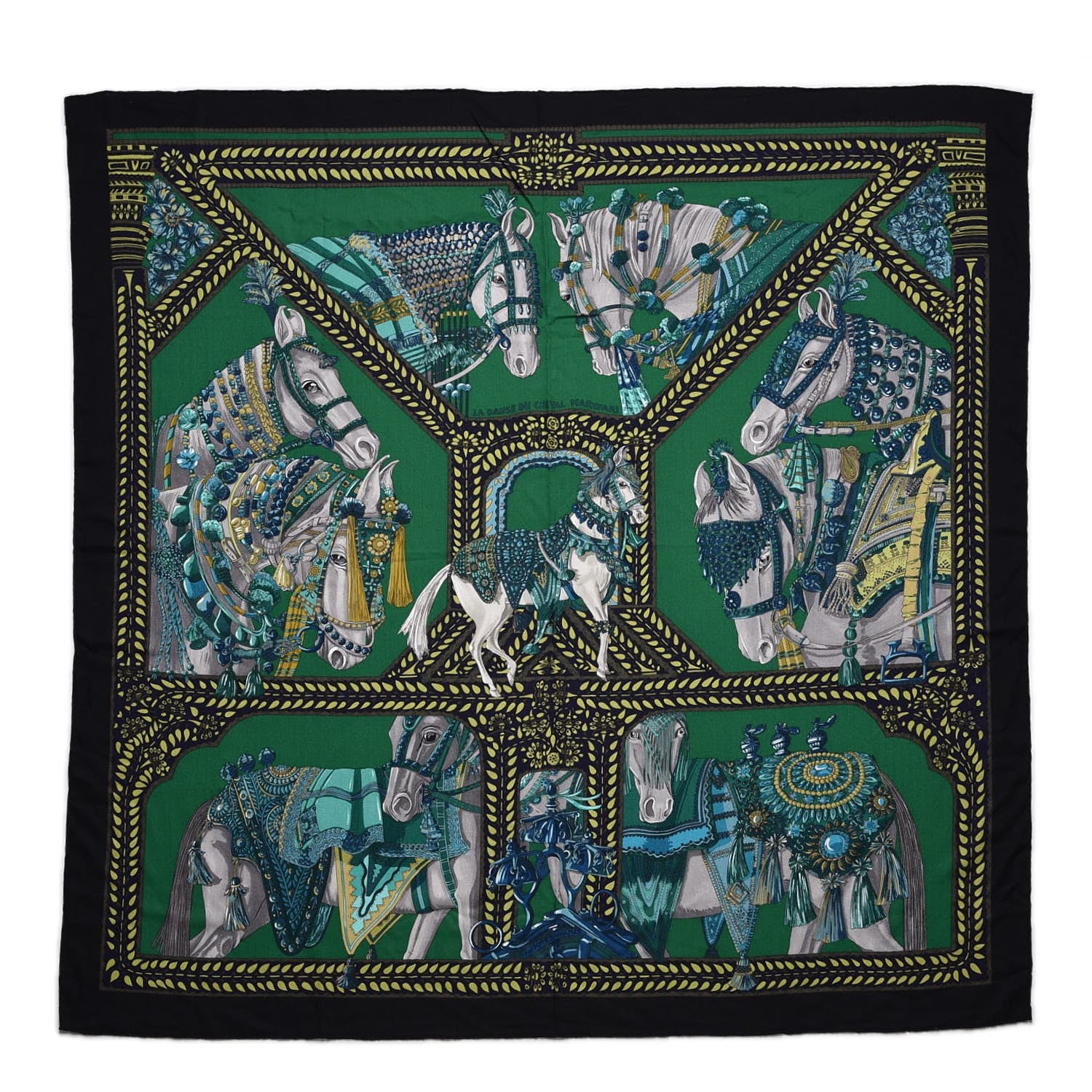 Hermes Cashmere Silk La Danse Du Cheval Shawl 140 Noir Vert Turquoise 1 of 8