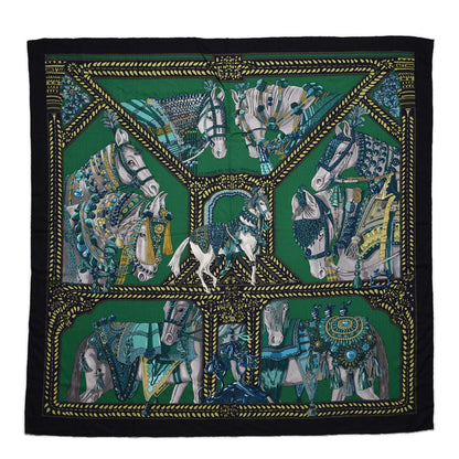 Hermes Cashmere Silk La Danse Du Cheval Shawl 140 Noir Vert Turquoise 1 of 8