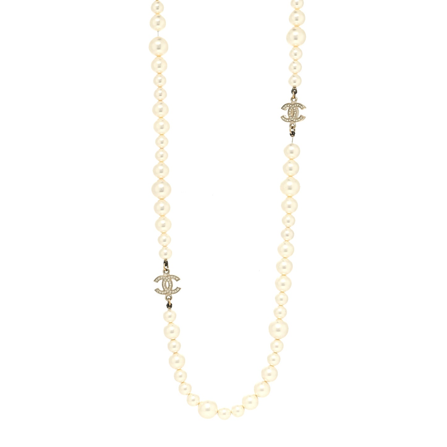 Graduated Pearl Crystal CC Long Necklace Light Gold