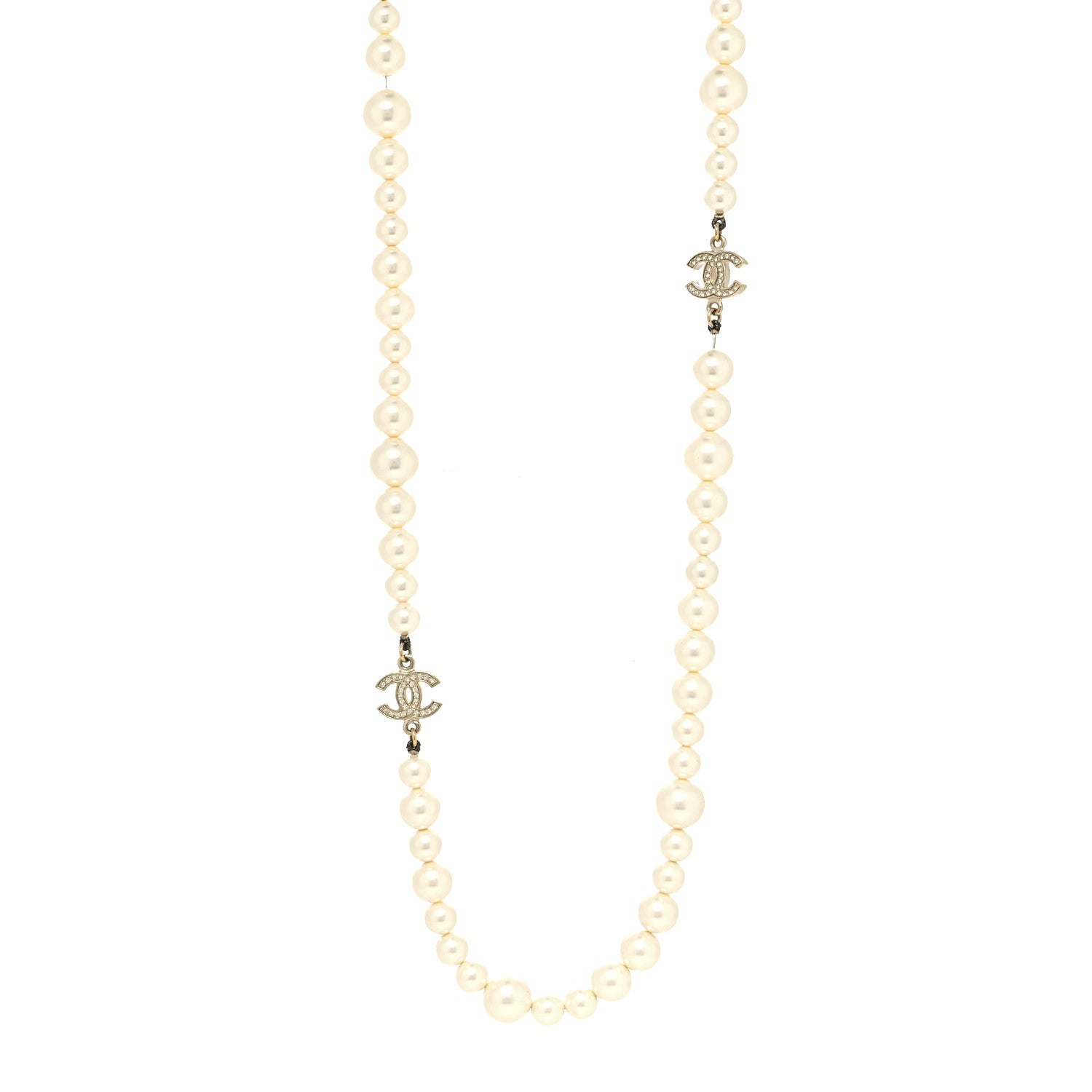 Chanel Graduated Pearl Crystal CC Long Necklace Light Gold 1 of 5