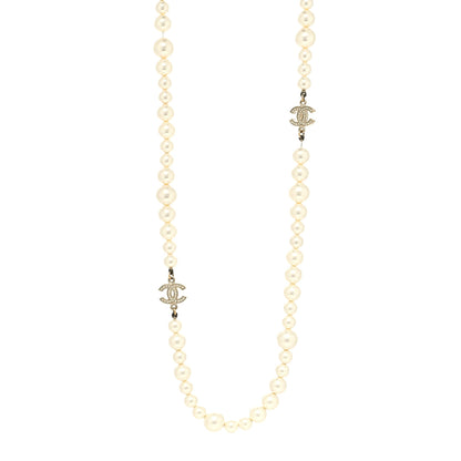 Chanel Graduated Pearl Crystal CC Long Necklace Light Gold 1 of 5