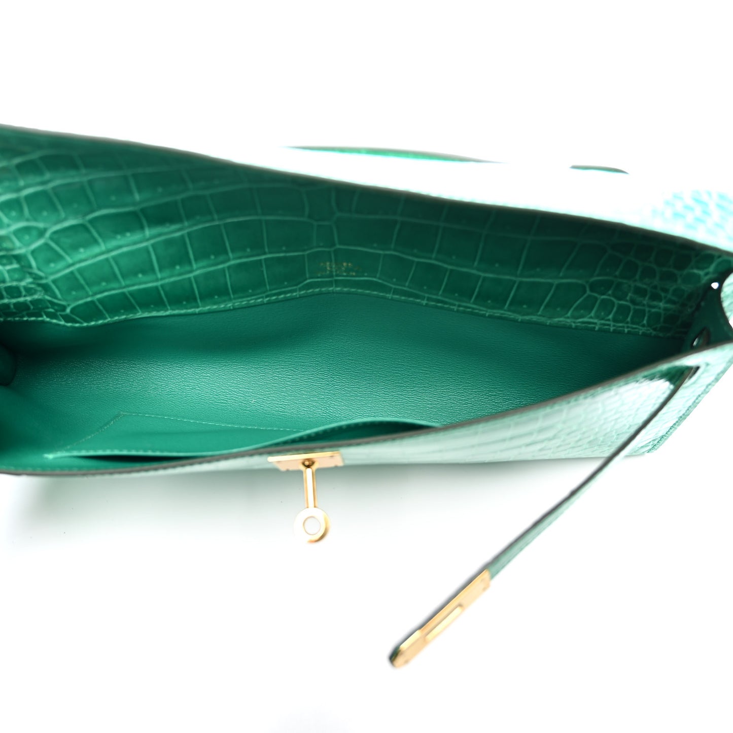 Shiny Porosus Crocodile Kelly Cut Pochette Vert Jade