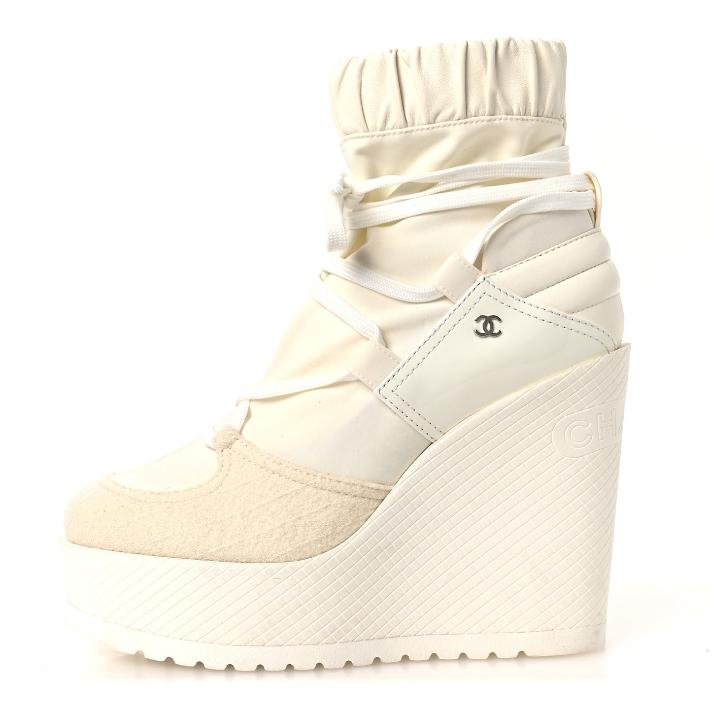 Tweed Patent Calfskin Runway Wedge Short Platform Boots 38 White Ivory