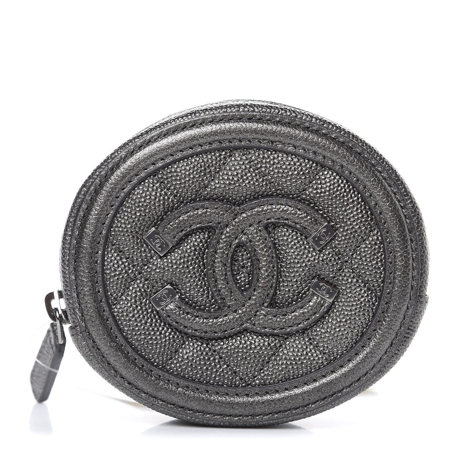 Metallic Caviar Quilted Filigree Zip Around Classic Coin Purse Dark Silver