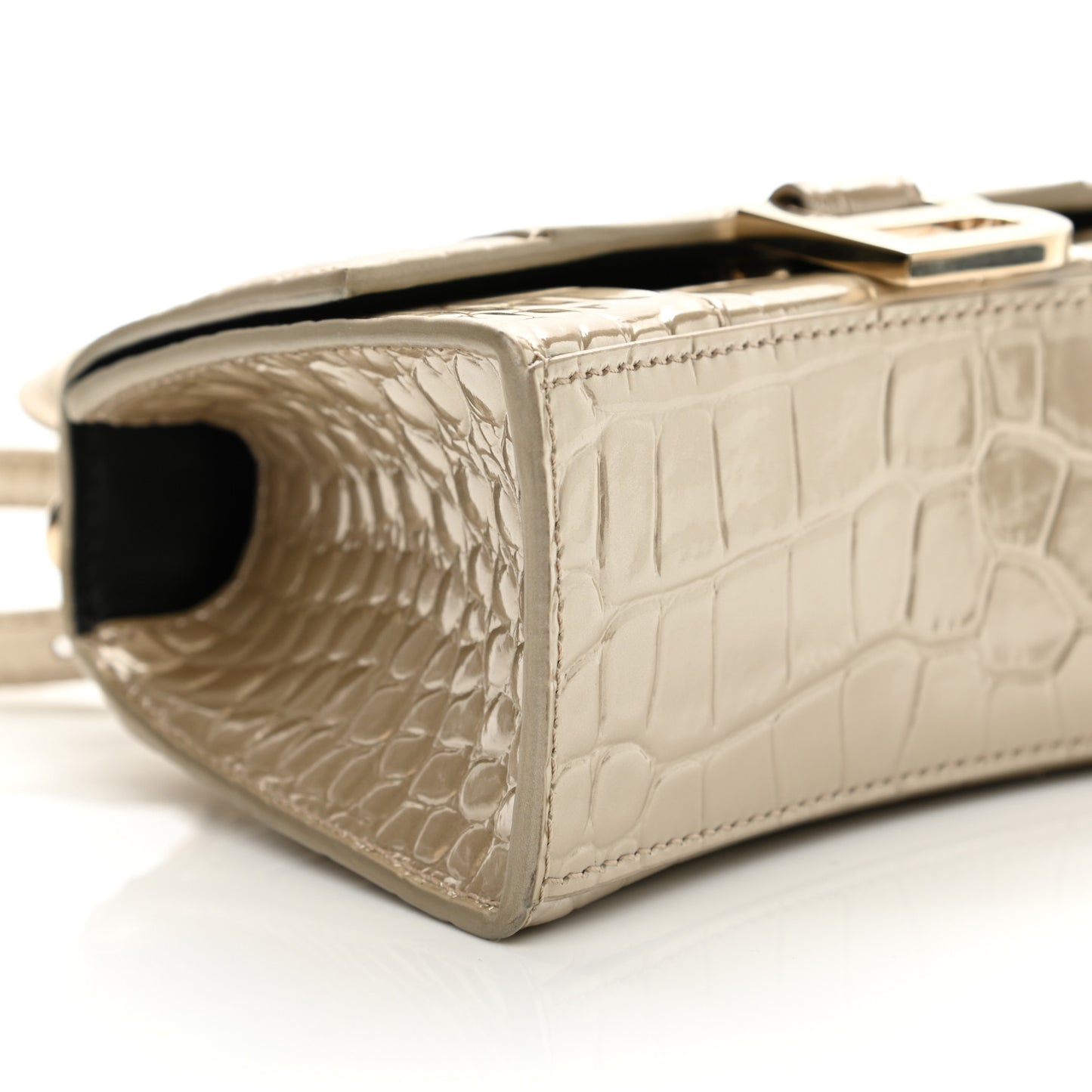 Metallic Shiny Calfskin Crocodile Embossed Hourglass Top Handle Bag XS Light Gold