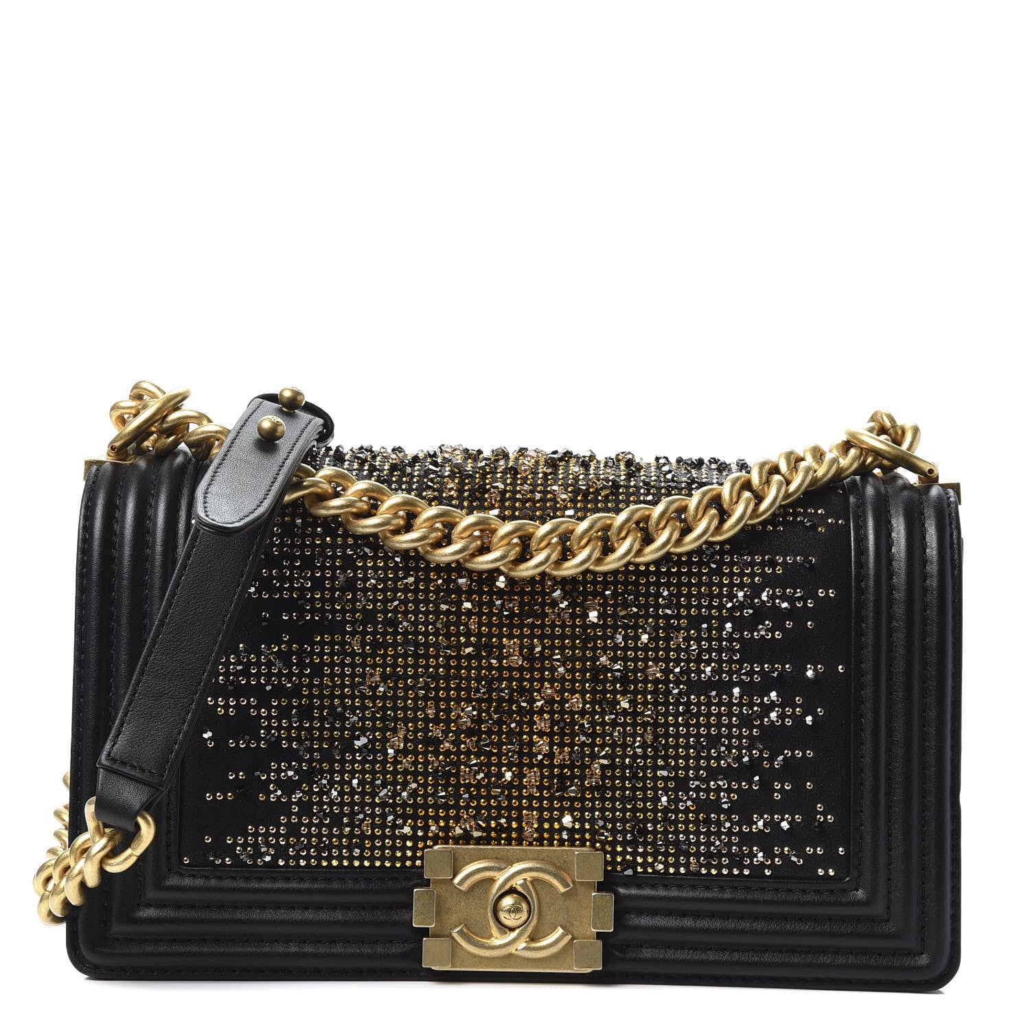 Chanel Calfskin Strass Studded Medium Boy Flap Black Gold 1 of 9