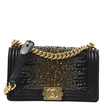 Chanel Calfskin Strass Studded Medium Boy Flap Black Gold 1 of 9