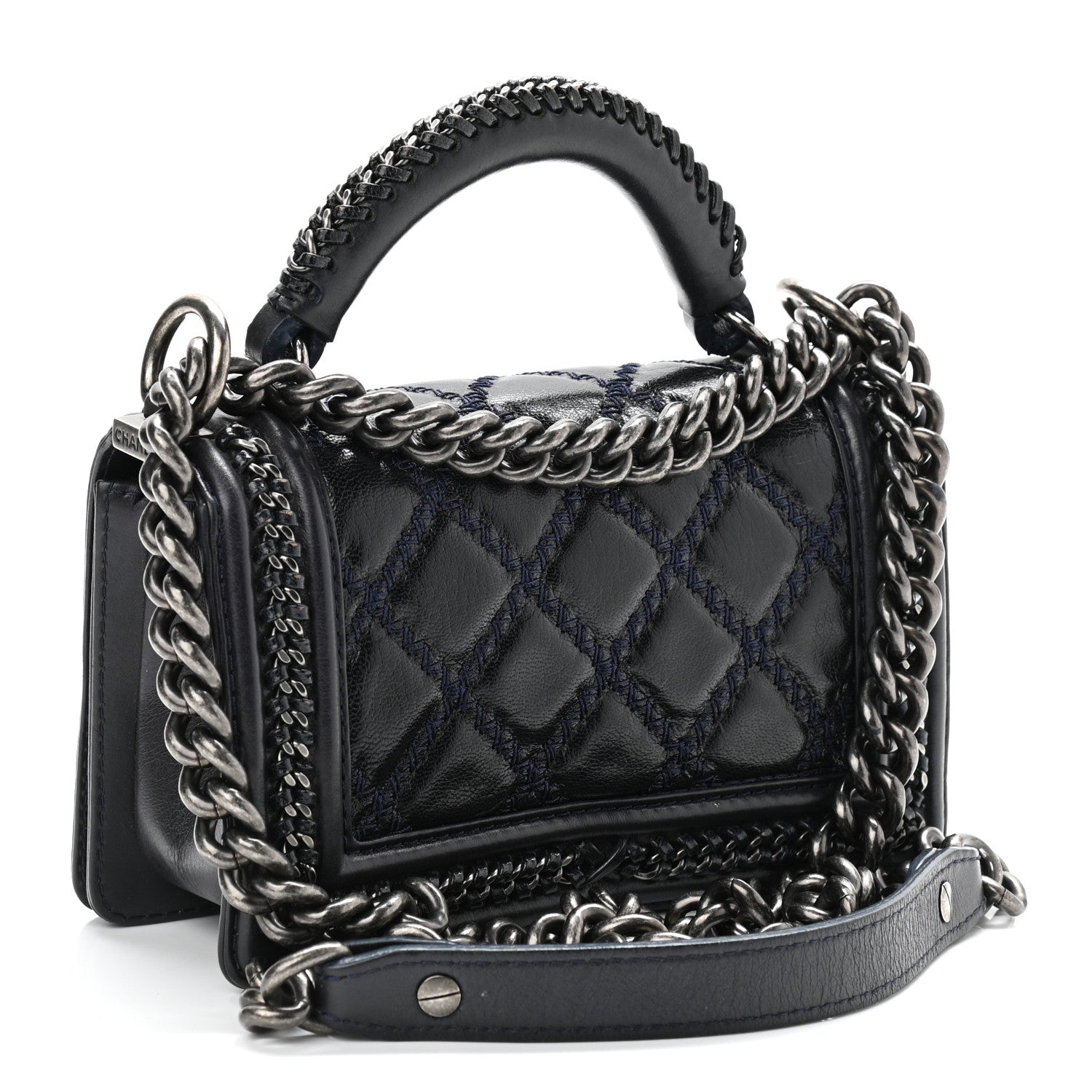 Chanel Shiny Goatskin Quilted Small Boy Top Handle Flap Navy Blue 3 of 14