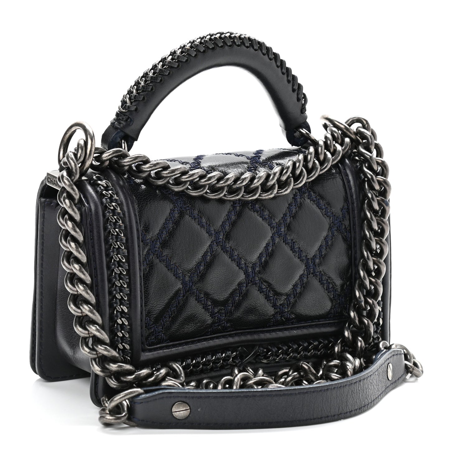 Shiny Goatskin Quilted Small Boy Top Handle Flap Navy Blue