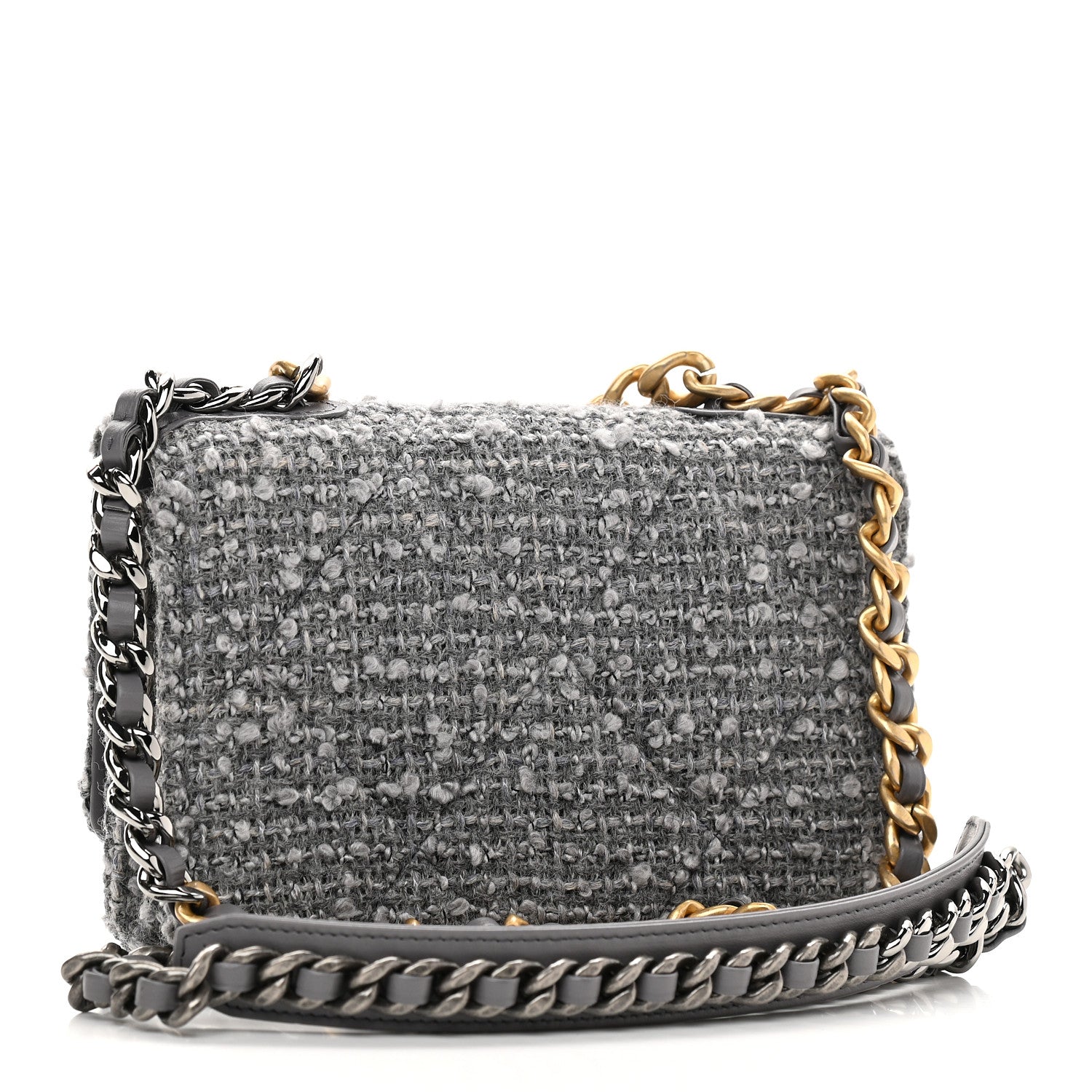 Chanel Wool Tweed Lambskin Quilted Chanel 19 Wallet On Chain WOC Grey 3 of 11