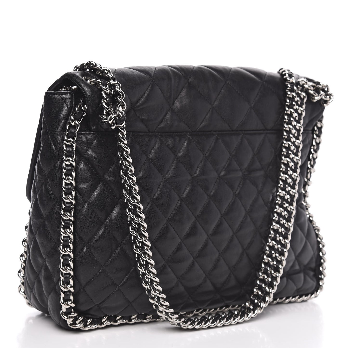 Washed Lambskin Quilted Maxi Chain Around Flap Black