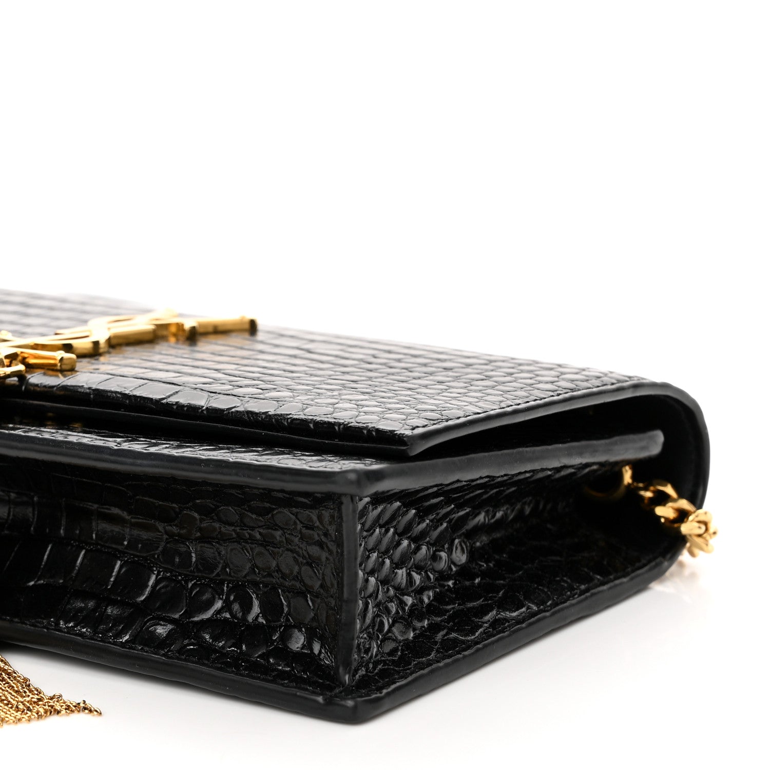Saint Laurent Calfskin Crocodile Embossed Kate Monogram Tassel Chain Wallet Black 9 of 9