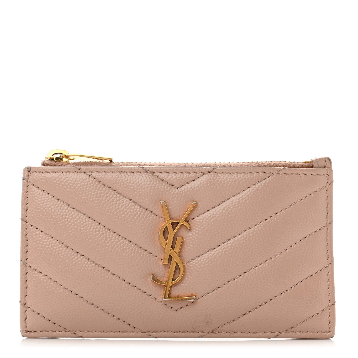 Saint Laurent Grain De Poudre Matelasse Chevron Monogram Fragments Zippered Card Case Nude Powder 1 of 9
