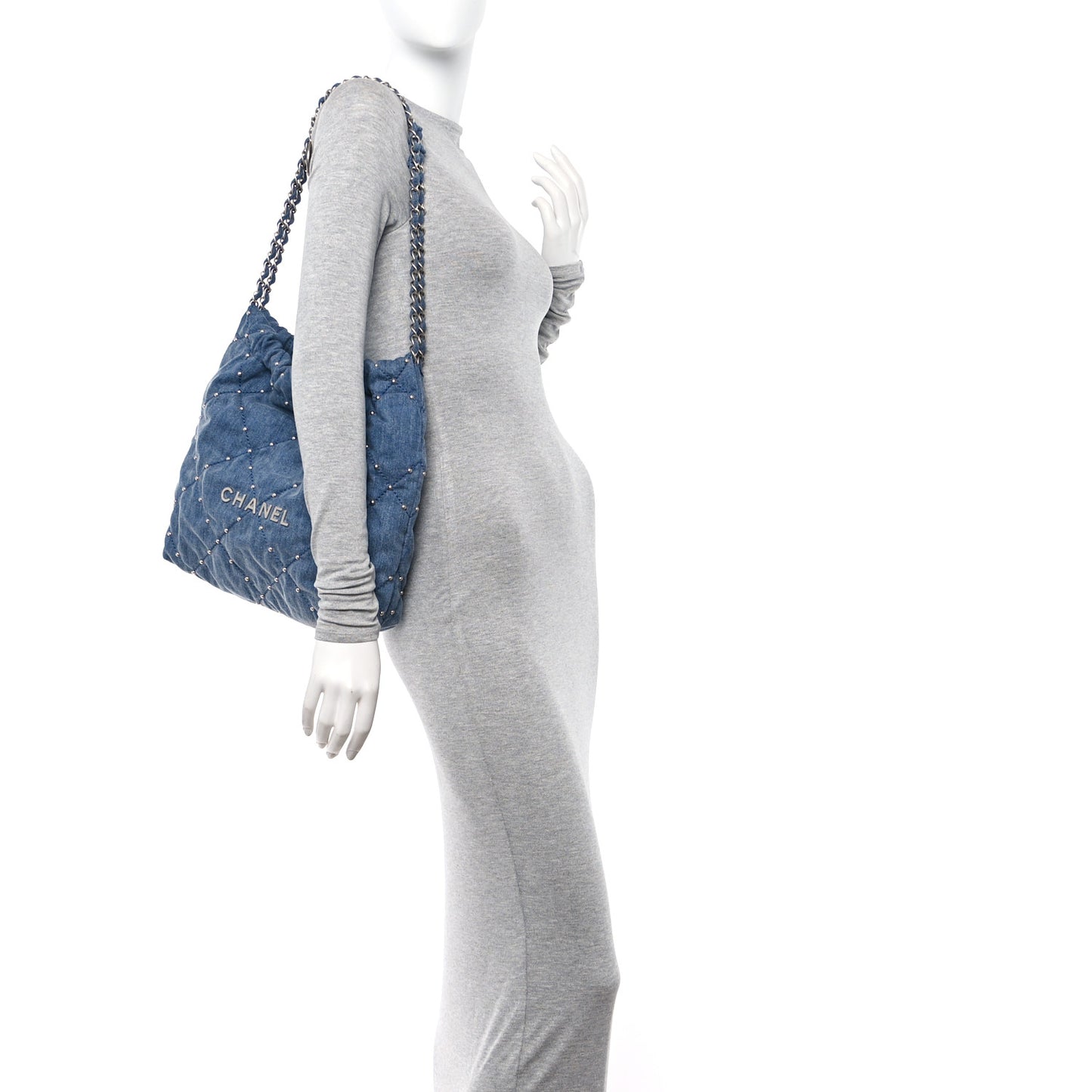 Washed Denim Quilted Studded Small Chanel 22 Blue