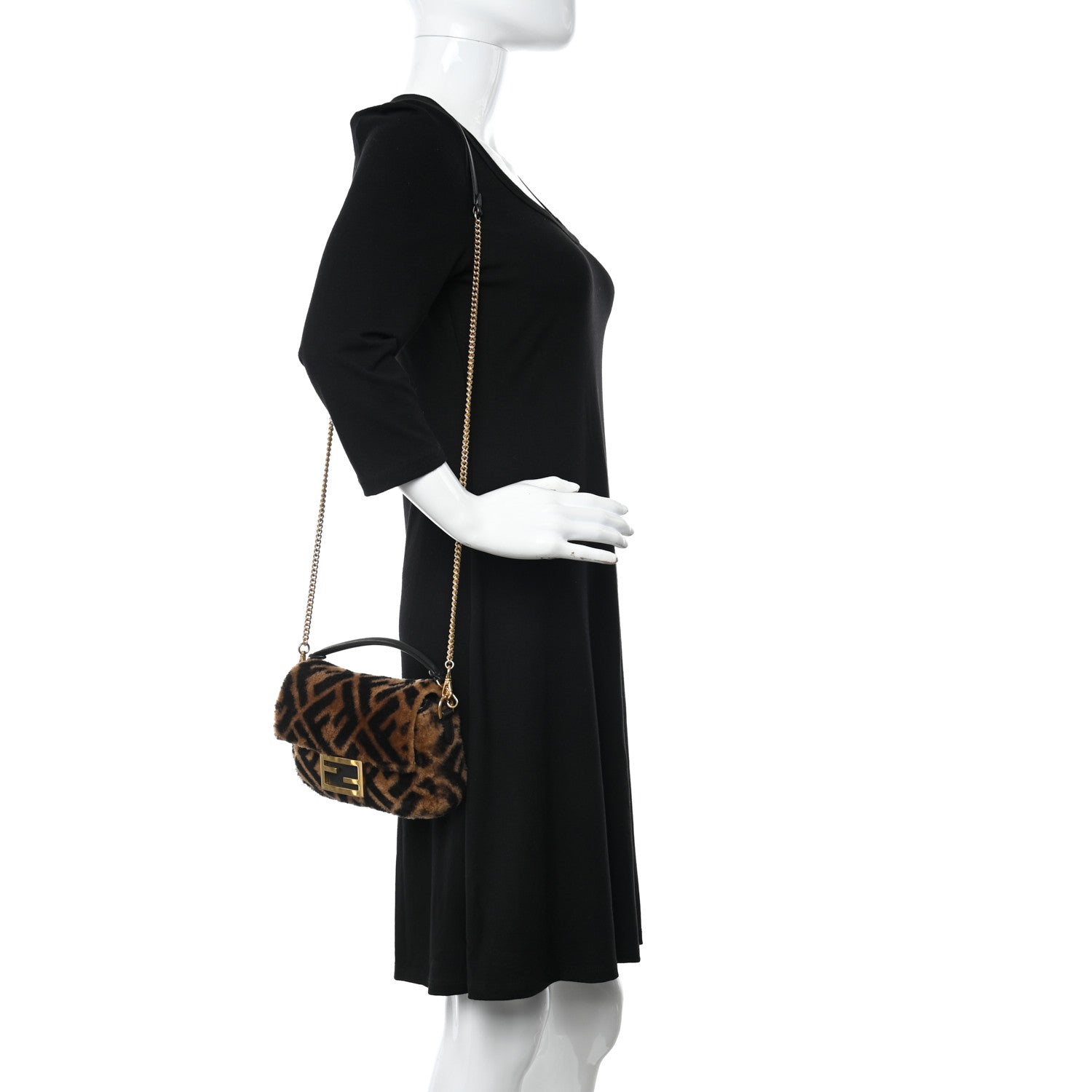 Fendi Shearling Vitello Dolce Macro FF 1974 Mini Baguette Tobacco Black 2 of 11