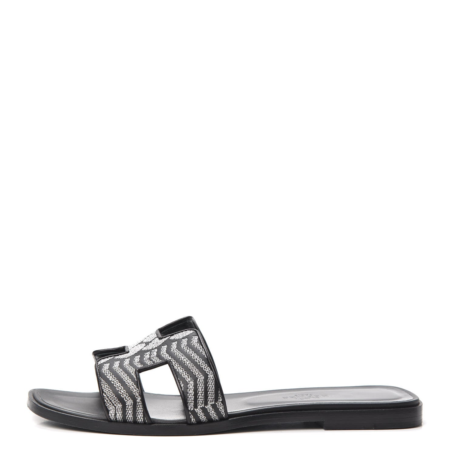 Hermes Calfskin Embroidered Oran Sandals 38 Black Gris Argente 1 of 7