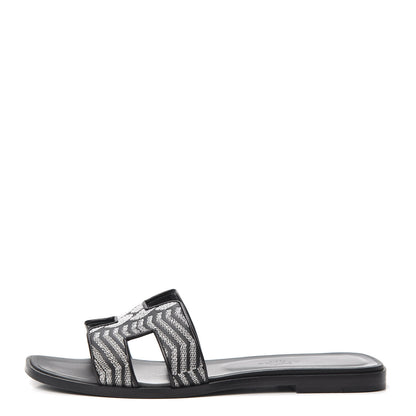 Hermes Calfskin Embroidered Oran Sandals 38 Black Gris Argente 1 of 7