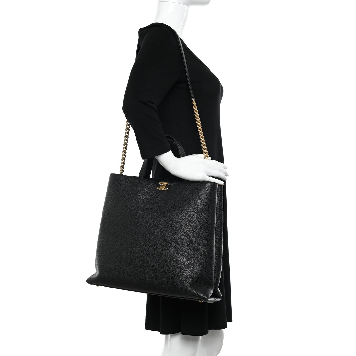 Caviar Stitched Large Shopping Tote Bag Black