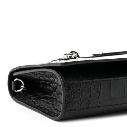 Balenciaga Crocodile Embossed Calfskin Classic Silver Hardware Le City Wallet On Chain Black 8 of 9